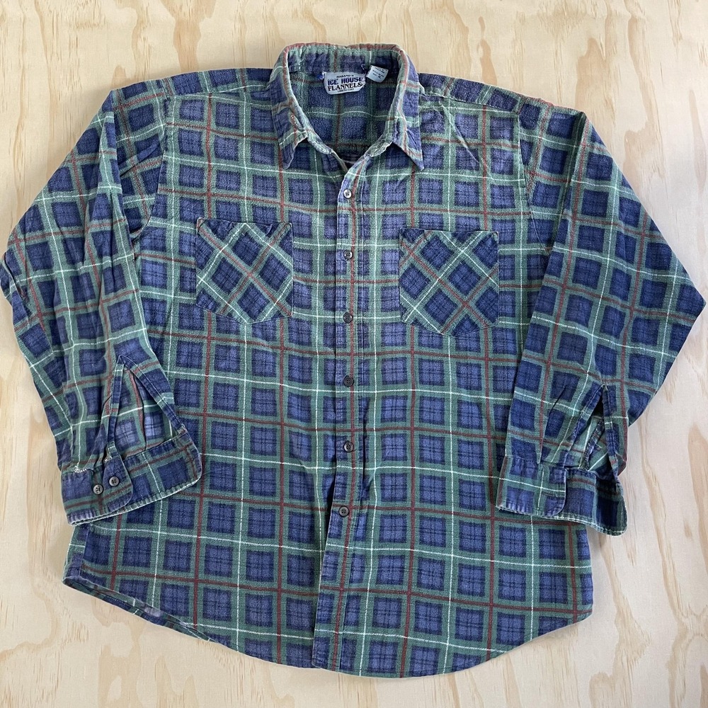 Vintage Haband's Ice House Flannels Shirt Mens XL Blue Plaid Flannel Button Up